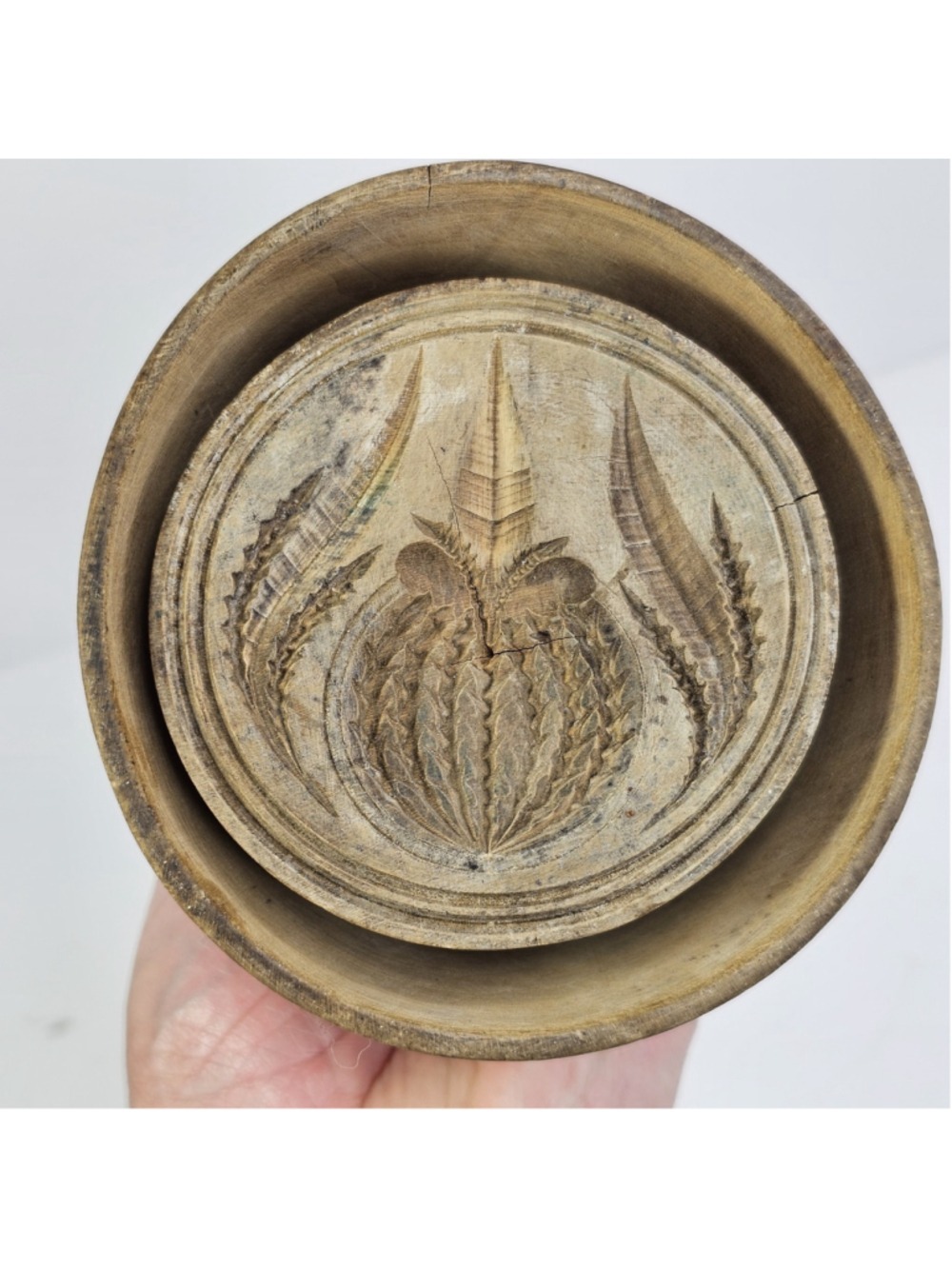 Vintage Wooden Butter Mold Press Floral Folk Art Carved Round Primitive Kitchen